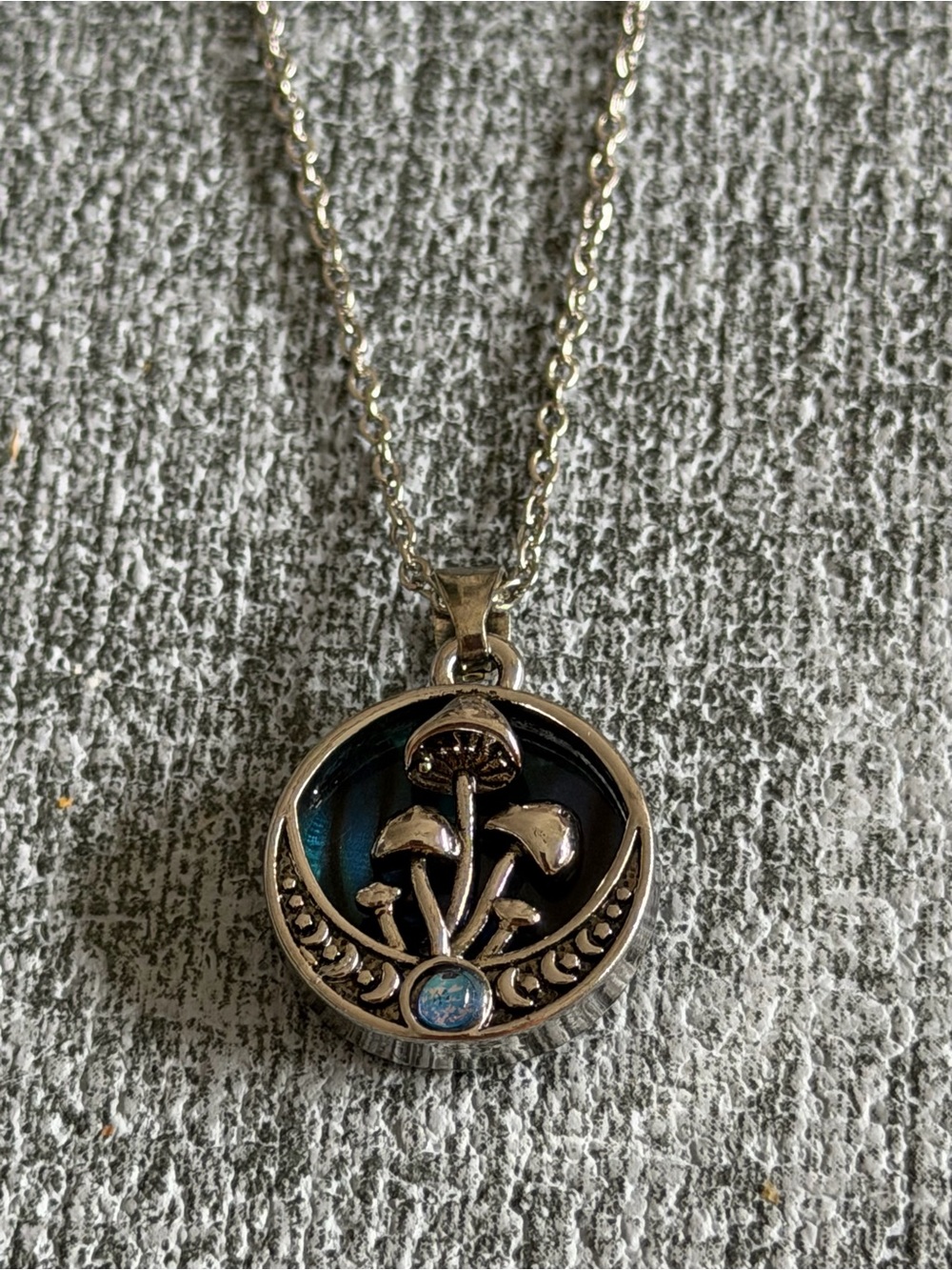 Silver Mushroom Pendant Necklace with Blue Accent (A)